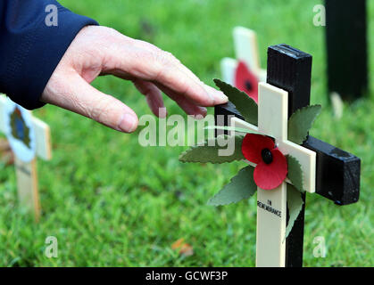 Mohnblumen im Cenotaph in Belfast als ein zweiminütiges Schweigen wurde in ganz Großbritannien am Waffenstillstandstag beobachtet, um an diejenigen zu erinnern, die im Krieg gestorben sind. Stockfoto