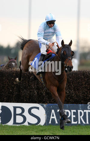 Jockey Liam Treadwell auf Dee EE Williams, der das letzte Pferd als einziges Pferd schaffte, das im totesport.com Novizen Steeple Chase auf der Kempton Park Racecourse, Middlesex, aus den drei herauskam. Stockfoto