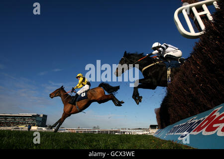 Jockey Nick Scholfield auf Lordsbridge und Peter Toole auf Mam Ratagan (r) während des Sanderson Weatherall Barbara E Geburtstag Novizen' Handicap Chase Stockfoto