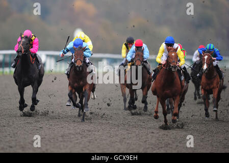 Pferderennen - Rennbahn Lingfield Park. Der schnellste Magier von George Baker (zweiter rechts) kommt nach Hause, um den European Breeders' Fund Maiden Stakes zu gewinnen Stockfoto