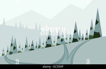 Abstrakte Landschaftsdesign mit grünen Bäumen, Bergen und Schnee, eine Straße im Winter Kiefernwald, flachen Stil. Digitale Vektorgrafik. Stock Vektor