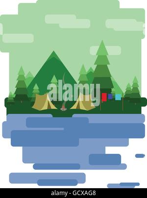 Abstrakte Landschaftsdesign mit grünen Bäumen und Wolken, Zelten in den Wald und See, flach Stil. Digitale Vektorgrafik. Stock Vektor
