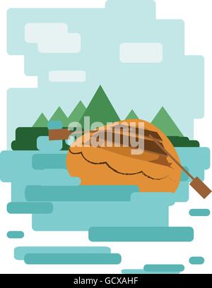 Abstrakte Design mit einem Holzboot auf dem Wasser führt zu einer Insel, Rückansicht, flachen Stil. Digitale Vektorgrafik. Stock Vektor