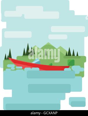 Abstrakte Landschaftsdesign mit grünen Bäumen und Wolken, ein rotes Boot auf einem See, flachen Stil. Digitale Vektorgrafik. Stock Vektor