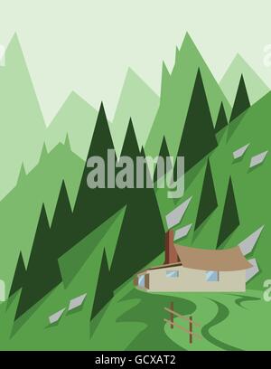 Abstrakte Landschaftsdesign mit grünen Bäumen und Hügeln, ein Haus in den Bergen, flach Stil. Digitale Vektorgrafik. Stock Vektor