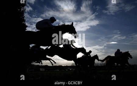 Läufer springen den Zaun während der Handicap-Hürde sportingbet.com auf der Rennbahn Newbury Racecourse in Bekshire. Stockfoto