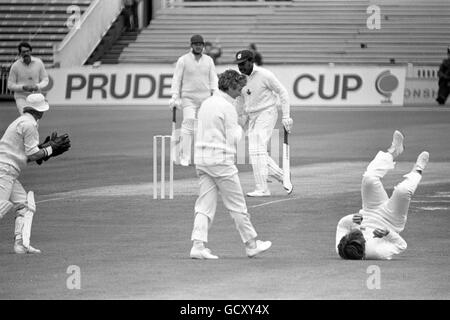 Der englische Ian Botham, der auf seinem Rücken die Glückwünsche von Kapitän Mike Brearley erhält, als er den kanadischen Opener Glen Sealy vom Bowling von Mike Hendrick abholt. Stockfoto