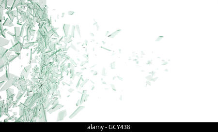 Abstrakte grüne Glasscherben in Bewegung in Stücke isoliert auf weißem Hintergrund. 3D illustration Stockfoto