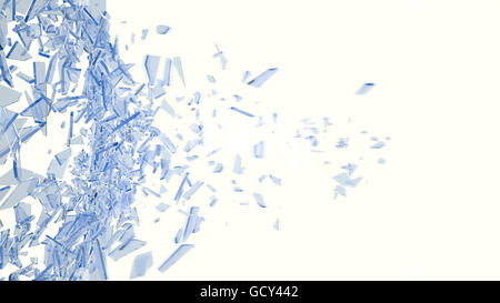 Blaue Glasscherben in Bewegung in Stücke isoliert auf weißem Hintergrund. 3D illustration Stockfoto