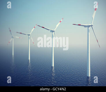 Windkraftanlagen im Meer. 3D Abbildung hoher Auflösung Stockfoto