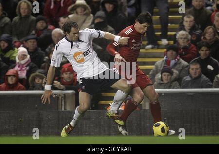 Bolton Wanderers' Johan Elmander (links) und Liverpools Fernando Torres (rechts) Kampf um den Ball Stockfoto