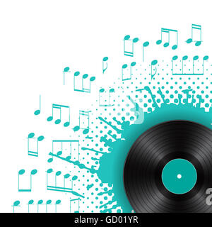 Vinyl-Scheibe mit Farbwunder mit Noten auf weißem Hintergrund. Audio-abstrakte Design-Vorlage mit blauen Fleck. Stockfoto