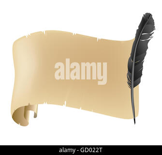 Antike und alte Schriftrolle und schwarze Feder Hintergrund auf weiß Stockfoto