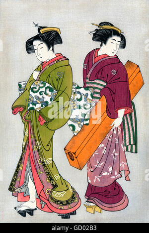 Geisha und ihr Diener, tragen ihr Koto. Holzschnittdruck von einer Abbildung von Shigemasa Kitao, c.1777. Stockfoto