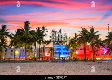 Miami, Florida, USA South Beach bei Sonnenuntergang. Stockfoto