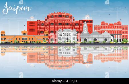 Skyline von Jaipur mit Farbe Wahrzeichen, blauer Himmel und Reflexionen. Vektor-Illustration. Geschäftsreisen und Tourismus-Konzept Stock Vektor