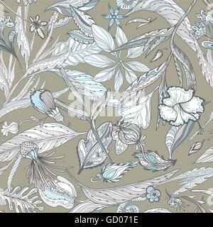 Nahtlose Textur mit exotischen Osten Blätter und Blüten in weiß, braun und blau für Textil-und Tapete Stock Vektor