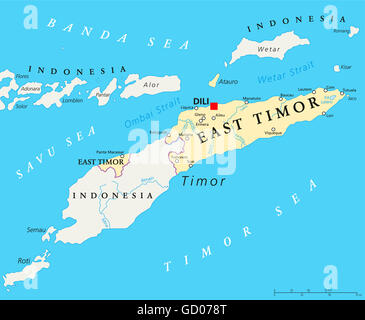 Ost-Timor politische Karte mit Hauptstadt Dili, Landesgrenzen, wichtige Städte und Flüsse. Auch bekannt als Osttimor. Stockfoto