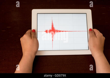 Frau Hand zeigt eine rote Erdbeben mit einem weißen Hintergrund auf eine weiße Tablette Stockfoto