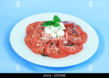 Moderne Küche auf einem weißen Teller und blauem Hintergrund - Tomaten mit Mozzarella und Basilikum - Caprese-Salat Stockfoto