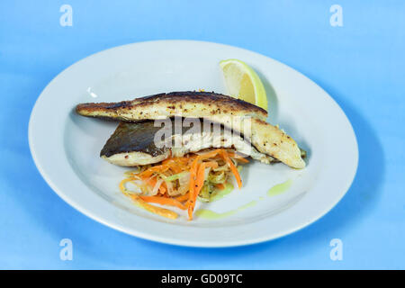 Moderne Küche auf einem weißen Teller und blauem Hintergrund - gegrillte ohne Knochen Forelle mit gebratenem Gemüse Stockfoto