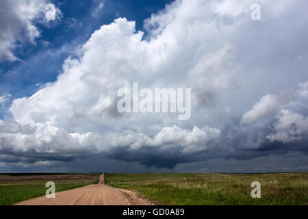 Ein Feldweg führt in ein Gewitter in der Nähe von Yuma, Colorado, 23. Mai 2015. Stockfoto