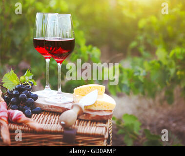 Zwei Gläser Rotwein mit Brot, Fleisch, Trauben und Käse auf dem Weinberg-Hintergrund Stockfoto