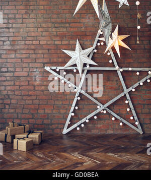 Weihnachten Hintergrund mit Sternen und Geschenken über Ziegelmauer Stockfoto