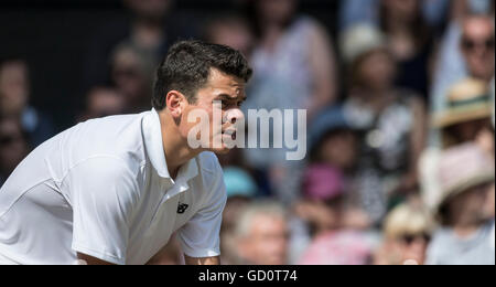 London, Vereinigtes Königreich. 10. Juli 2016.  Wimbledon Tennis-Meisterschaften 2016 statt in The All England Lawn Tennis and Croquet Club, London, England, UK.    Andy Murray (GBR) [2] V Milos Raonic (CAN) [6]. Herren Einzel - Finale.  Center Court.  Im Bild:-Milos Raonic. Stockfoto