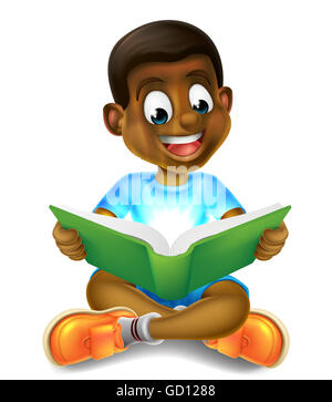 Ein glückliches cartoon kleinen schwarzen Jungen genießen Sie ein erstaunliches Buch lesen und mit Hilfe seiner Phantasie Stockfoto