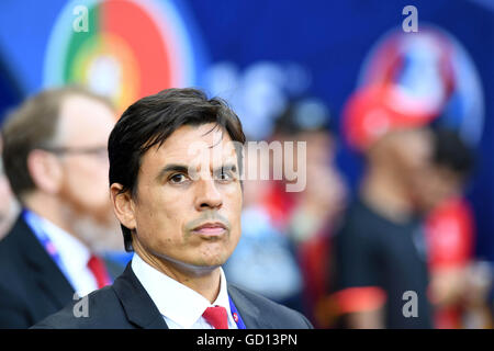 Wales Fußball Manager Chris Coleman bei der Euro 2016 Halbfinale zwischen Portugal und Wales im Parc Olympique Lyonnais. Stockfoto