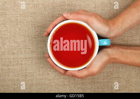 Zwei Frau Hände halten, umarmen großen blauen Tasse schwarz rot über Leinwand Hintergrund, Hände wärmend Stockfoto