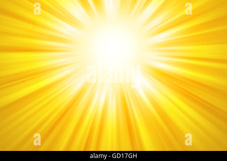 Goldene Sonnenstrahlen Hintergrund. Leuchtend gelbe Lichtstrahlen, die aus der oberen Mitte des Bildes. Abbildung. Stockfoto