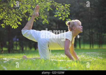 Schöne Reife Frau Yoga üben im Sommerpark Stockfoto