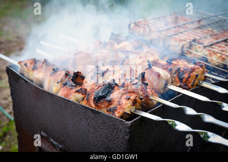 Schaschlik, Döner Fleisch, Grillfleisch in Brand Stockfoto