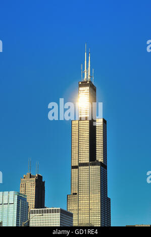 Die Chicagoer Willis Tower (ehemals Sears Tower), worin die Helligkeit der Sonne an einem Sommerabend. Chicago, Illinois, USA. Stockfoto