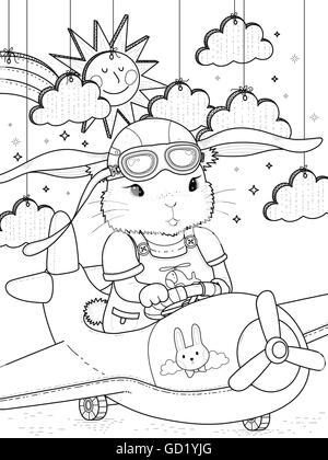 Schöne Hase pilot Coloring Seite mit Wolken und Sonne Stock Vektor