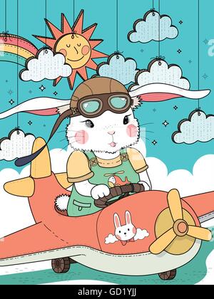 Schöne Hase pilot Coloring Seite mit Wolken und Sonne Stock Vektor