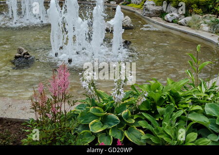 Gruppe aus kleinen Brunnen fließt vor Schönheit Steingarten, Sofia, Bulgarien Stockfoto