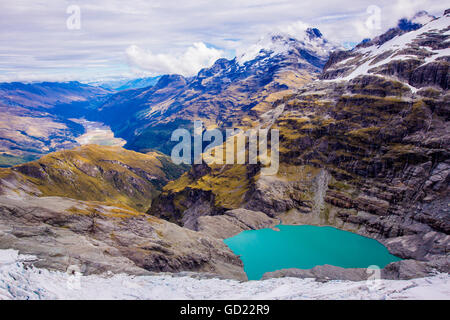 Luftaufnahme von Gletscherseen am Fox-Gletscher, Südinsel, Neuseeland, Pazifik Stockfoto