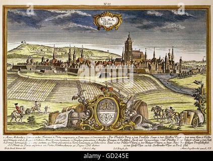Geographie/Reisen, Deutschland, Ulm, Aussicht, farbige Kupferstich von Friedrich Bernhard Werner, von Martin Engelbrecht, Augsburg, 1730/1740, Artist's Urheberrecht veröffentlicht hat nicht geklärt zu werden. Stockfoto