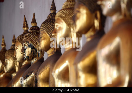 Sitzenden goldenen Buddha-Statuen in einer Reihe an Wat Pho (Tempel des liegenden Buddha), Bangkok, Thailand, Südostasien, Asien Stockfoto
