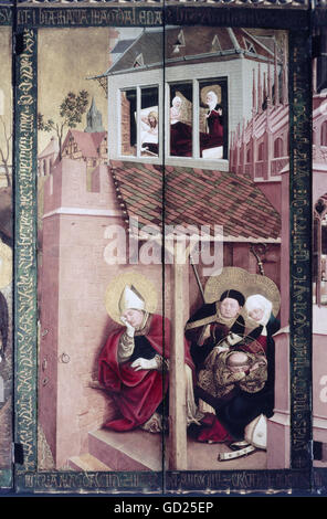 Bildende Kunst, Moser, Lucas (ca. 1390 - 1434), Malerei, "Den schlafenden Heiligen Sidonius, Lazarus, Maximus und Martha nach der Ankunft in Marseille', auf dem Altar der Heiligen Maria Magdalena, Öl auf Holz, 1431, Tiefenbronn Pfarrkirche, Baden-Wuerttemberg, Artist's Urheberrecht nicht gelöscht werden Stockfoto