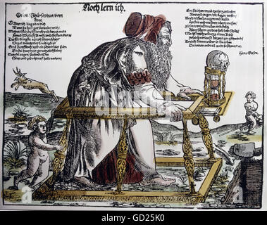 Wissenschaft, Karikatur, 'Ich lerne noch', Illustration eines weisen Mannes, der im Alter ein Kind wird, Bildblattbogen, Holzschnitt von Hans Glaser, Nürnberg, 1550/1560, Privatsammlung, , Zusatzrechte-Clearences-nicht vorhanden Stockfoto