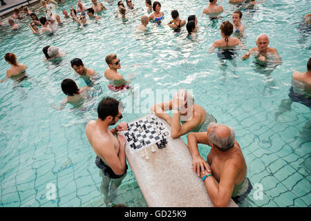 Männer spielen Schach, Szechenyi Thermalbäder, Budapest, Ungarn, Europa Stockfoto