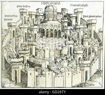 Geographie/Reisen, Israel, Jerusalem, Aussicht, Holzschnitt von Michael Wolgemut oder Wilhelm Pleydenwurff, Chronik von Hartmann Schedel, Nürnberg, 1493, Artist's Urheberrecht nicht geklärt zu werden. Stockfoto