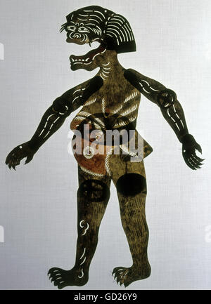 Bildende Kunst, China, Chinesische schattenpuppenspiel Shadow Puppet, Szechuan Mann, Titan, mit beweglichen Teile, Vellum, farbig, Ende des 19. Jahrhunderts, Stadtmuseum München,, Artist's Urheberrecht nicht gelöscht werden Stockfoto