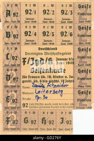 Nachkriegszeit, Wirtschaft, Deutschland, Bayern, Leiterberg, Zeit nach dem Zweiten Weltkrieg, Seifenschein in der britischen und amerikanischen Besatzungszone (united Economic District) für Frauen über 18 Jahre, Kinder und Jugendliche zwischen 6 und 18 Jahren, gültig von Januar bis Juni 1949, Zusatz-Rechte-Clearences-nicht verfügbar Stockfoto