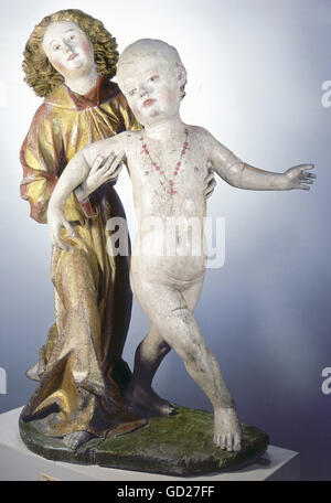 Bildende Kunst, religiöse Kunst, Bildhauerei, Engel mit Baby Jesus, Holz, farbig, Höhe: 70,5 cm, Süddeutschland, ca. 1480, Bayerisches Nationalmuseum München,, Artist's Urheberrecht nicht geklärt zu werden. Stockfoto