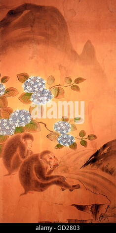 Bildende Kunst, China, Seidenmalerei, zwei Affen an einem Wasserfall vor einem blühenden Viburnum Bush, Teil einer Folding Screen, circa 1820, Schwäbische Textile Museum, Sandtner Stiftung, Mindelheim, Deutschland, Artist's Urheberrecht nicht geklärt zu werden. Stockfoto